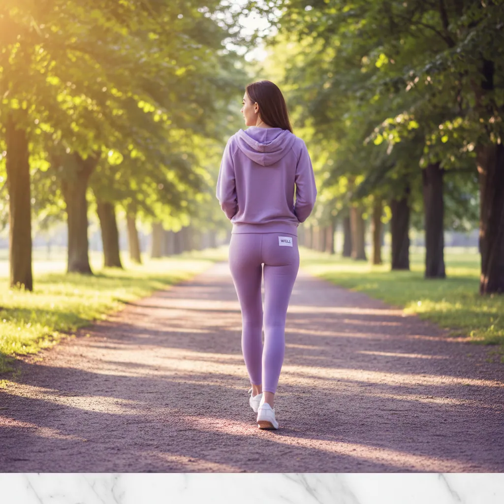 Anonymous person walking along a sunlit park path as part of an active everyday lifestyle - wellness supplement daily routine
